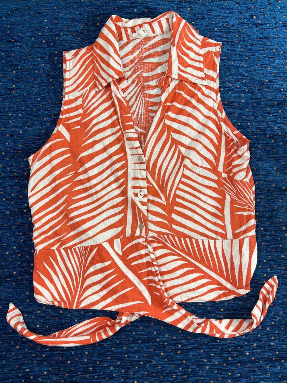 Panama Jack Sleeveless Tie-Front Palm Print Top - Orange & White linen/rayon